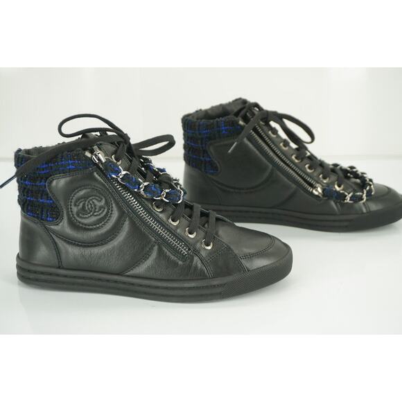 Chanel Black Leather XL CC Logo High Top Sneaker SZ 35 Chain Zip Tweed $1025 New - Picture 8 of 10